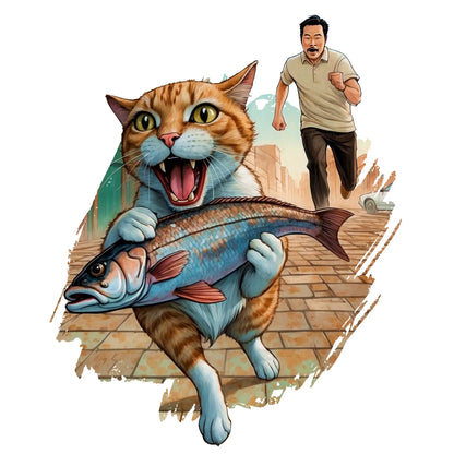 Funny cartoon illustration of orange tabby cat stealing large fish while man chases behind - αστεία εικονογράφηση πορτοκαλί ριγέ γάτας που κλέβει μεγάλο ψάρι ενώ άντρας κυνηγάει από πίσω