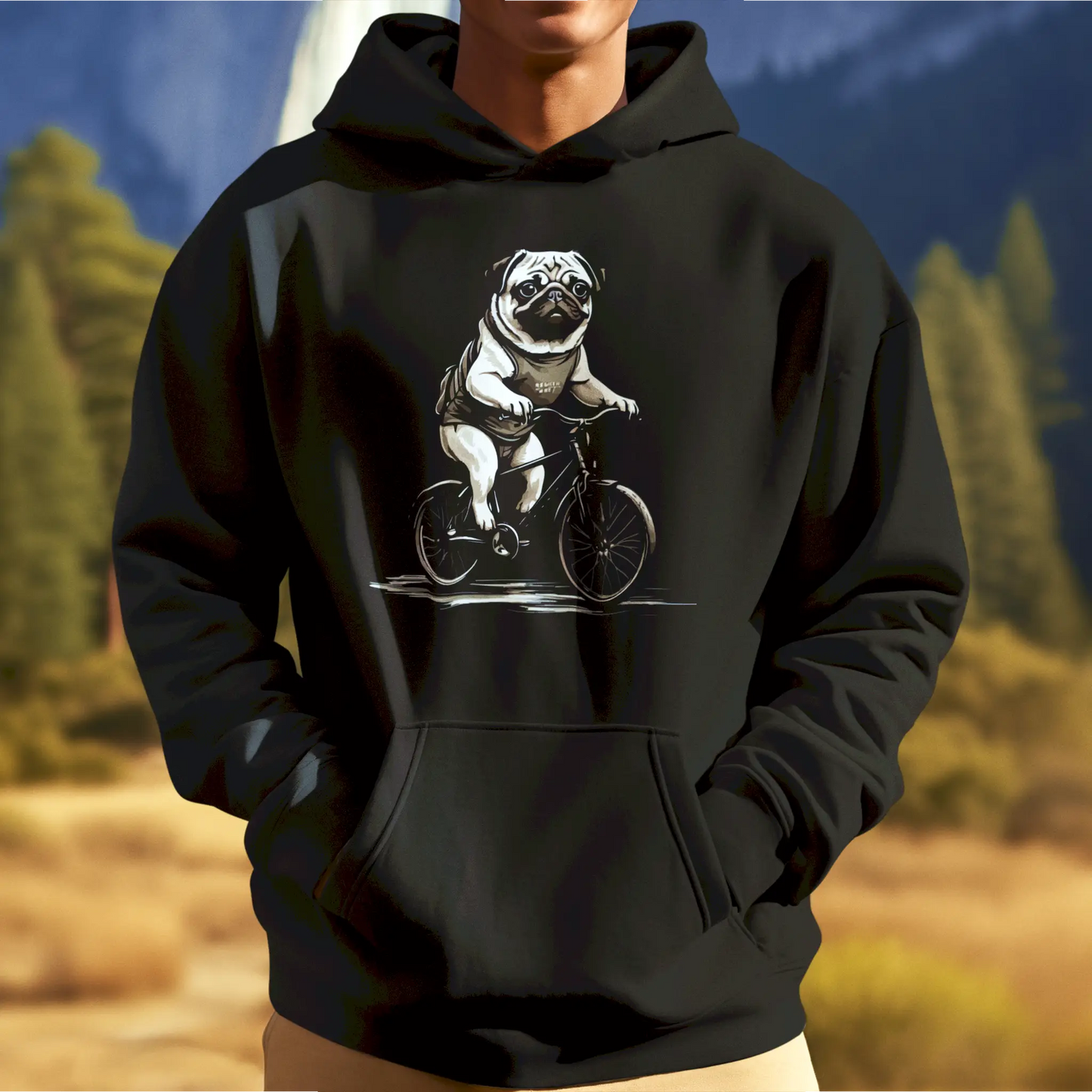 Funny pug on bike design on comfy black hoodie | Αστείο σχέδιο με pug σε ποδήλατο πάνω σε άνετο μαύρο hoodie