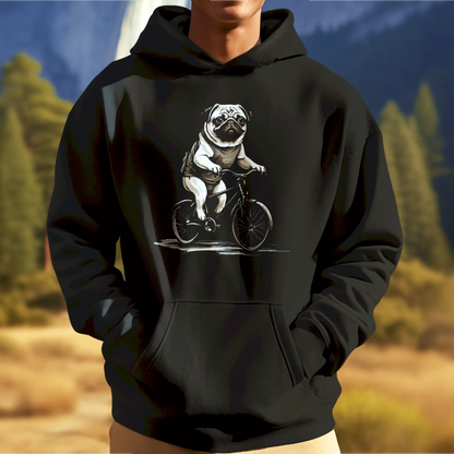 Funny pug on bike design on comfy black hoodie | Αστείο σχέδιο με pug σε ποδήλατο πάνω σε άνετο μαύρο hoodie