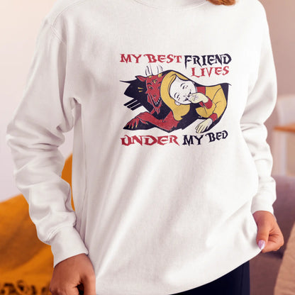 Funny slumber atmosphere with a demon guest providing unexpected emotional suppport printed on a white sweatshirt - Αστεία ατμόσφαιρα με πάρτι ύπνου με καλεσμένο δαίμονα που προσφέρει συναισθηματική υποστήριξη πάνω σε λευκό φούτερ