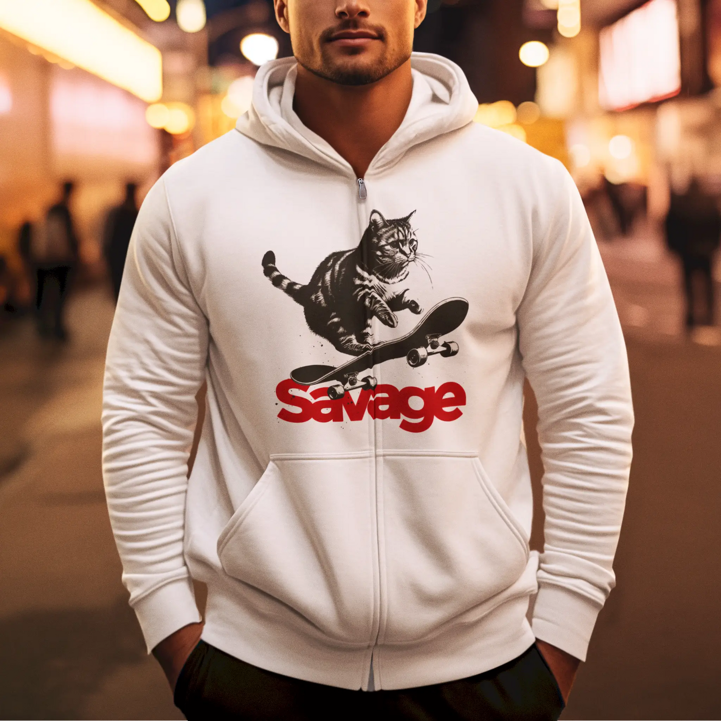 Funny yet powerful cat white zip hoodie – λευκή ζακέτα με σκέιτερ γάτα, τέλεια για playful και unique εμφανίσεις