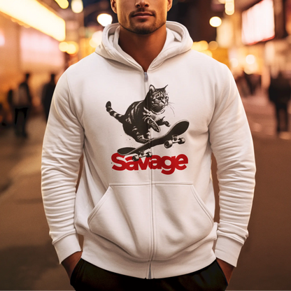 Funny yet powerful cat white zip hoodie – λευκή ζακέτα με σκέιτερ γάτα, τέλεια για playful και unique εμφανίσεις