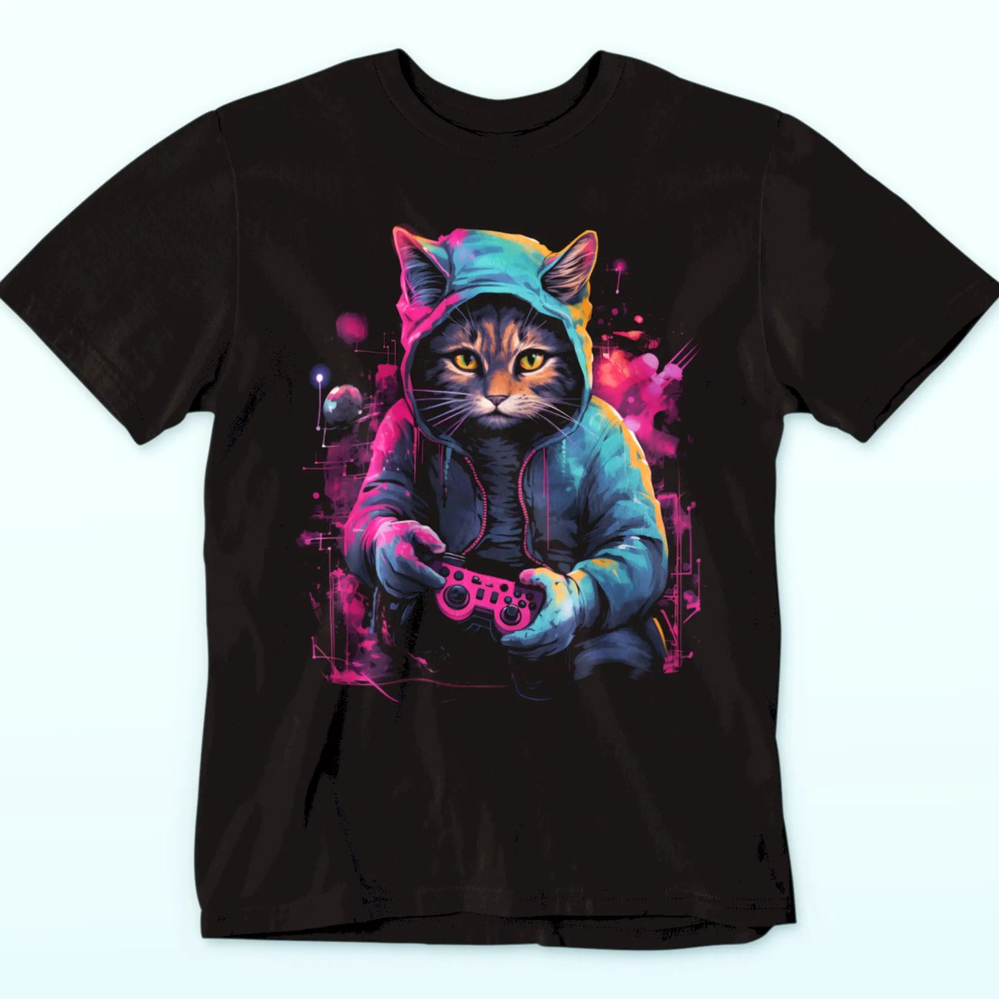 Futuristic feline gamer design featuring bright colors on dark casual shirt - μελλοντιστικό σχέδιο γάτας gamer με φωτεινά χρώματα σε σκούρο casual