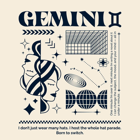 Gemini zodiac constellation design with astrology symbols and text "One minute I'm over it, next minute I'm writing a novel about it" representing twin personality - Σχέδιο αστερισμού ζωδίου διδύμων με αστρολογικά σύμβολα και κείμενο "One minute I'm over it, next minute I'm writing a novel about it" που αντιπροσωπεύει δίδυμη προσωπικότητα