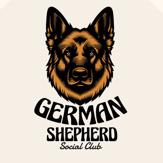 German Shepherd Social Club vintage portrait γερμανικός ποιμενικός σκύλος - classic dog breed art retro typography design pet community logo