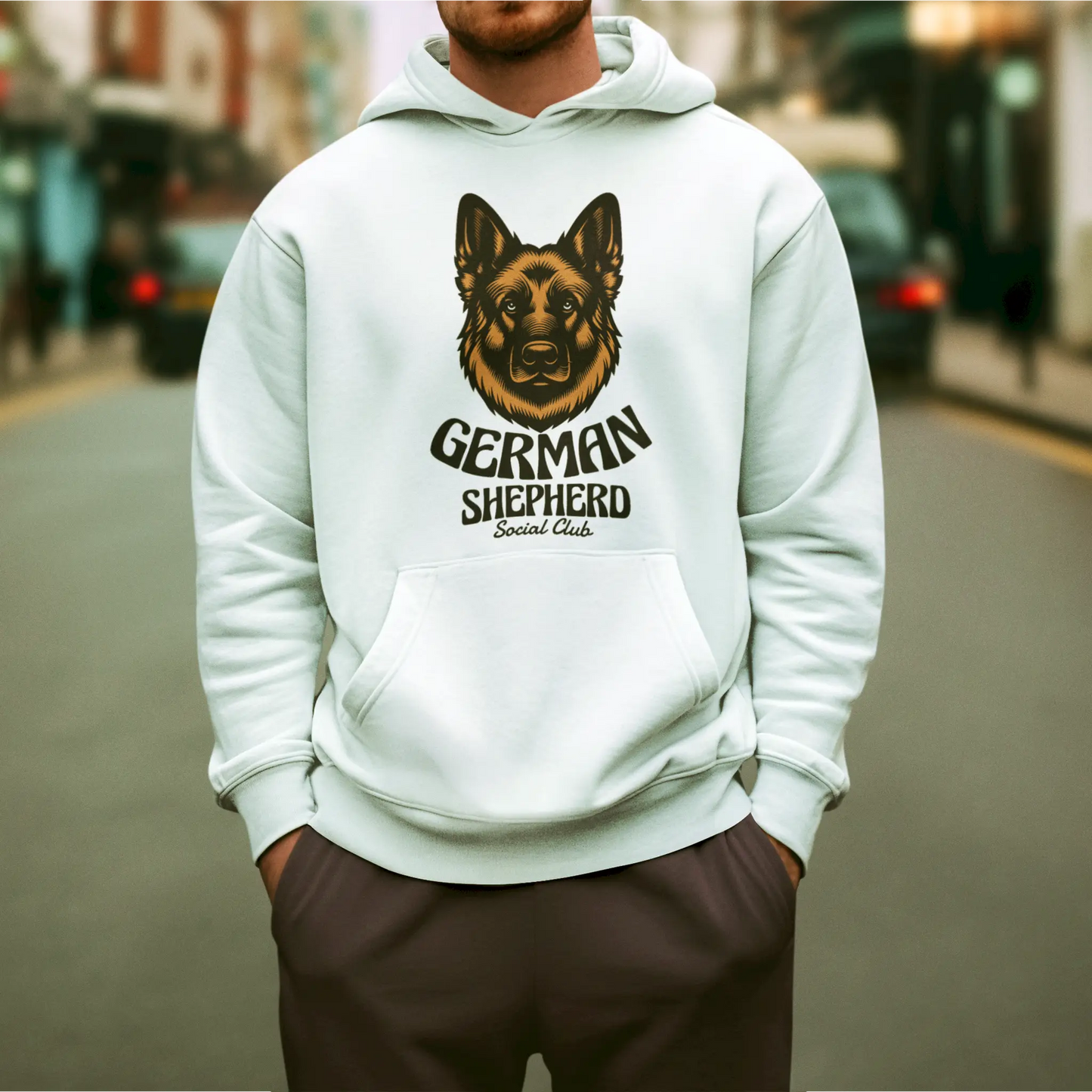 German Shepherd Social Club white hoodie - λευκή φούτερ κουκούλα vintage GSD portrait cozy dog lover streetwear
