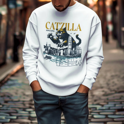 Giant Catzilla monster white sweatshirt with Hong Kong destruction vintage movie poster style - Γιγάντια Catzilla τέρας σε λευκό φούτερ με Χονγκ Κονγκ καταστροφή vintage movie poster στυλ