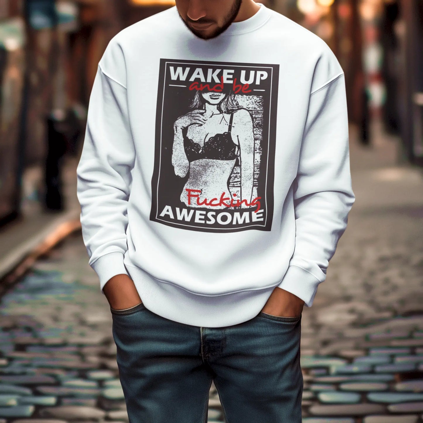 “Growth Mindset” message printed across white crewneck sweatshirt – Μήνυμα “Growth Mindset” πάνω σε λευκή φούτερ λαιμόκοψη.