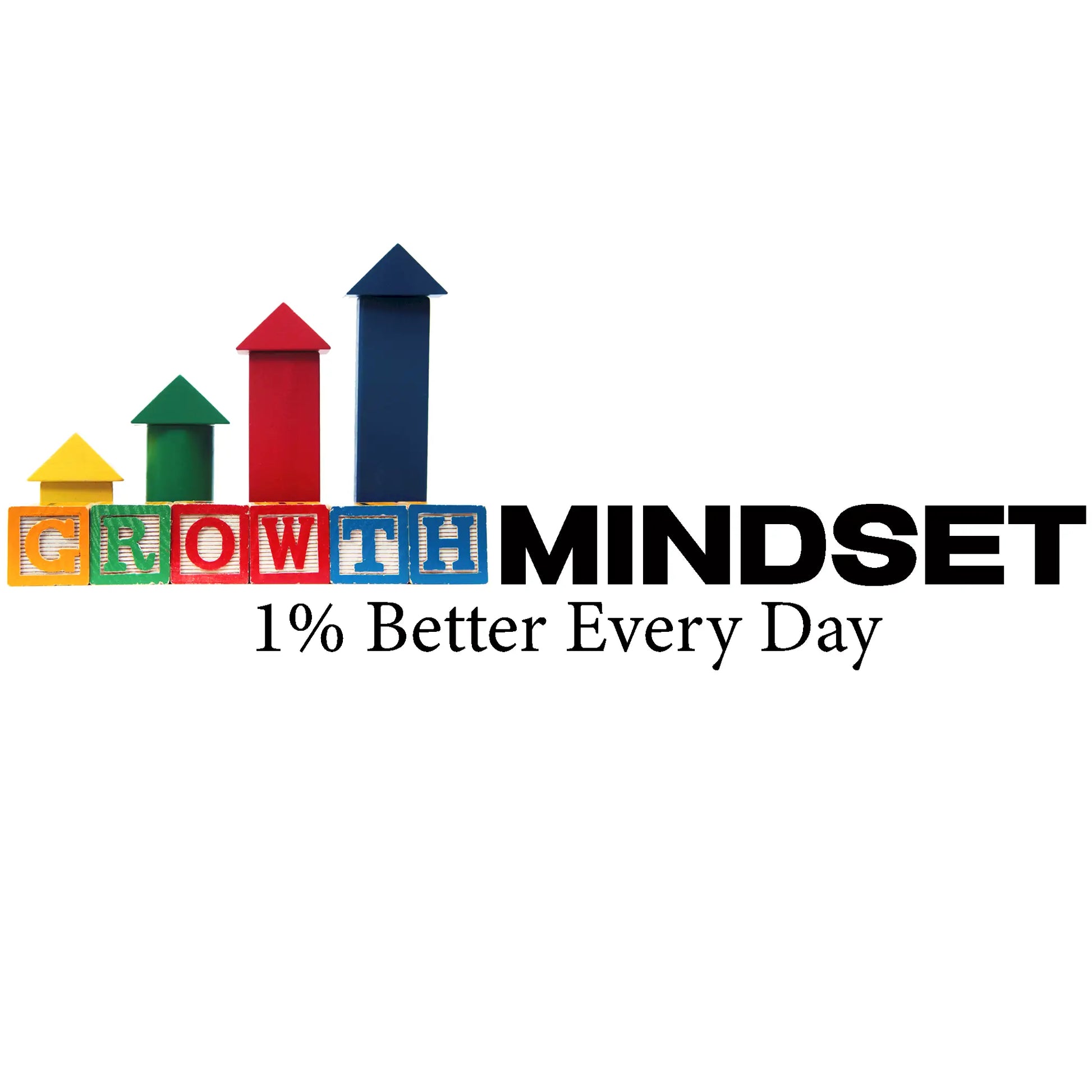 Growth Mindset' phrase in minimalist, bold black font on a transparent background – Η φράση 'Growth Mindset' με μινιμαλιστική, έντονη μαύρη γραμματοσειρά και χρωματιστά βέλη προόδου