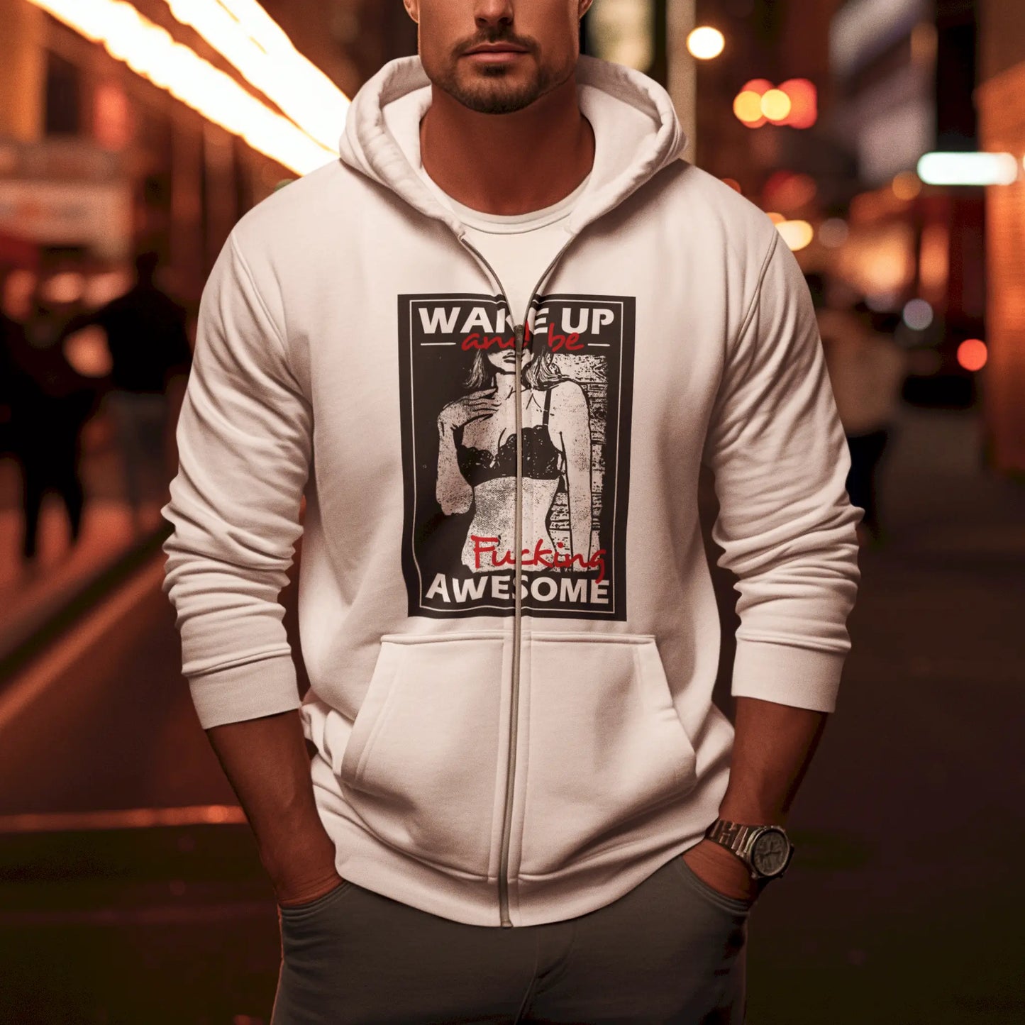 “Growth Mindset” phrase printed across front of white zip hoodie – Φράση “Growth Mindset” τυπωμένη μπροστά σε λευκή ζακέτα hoodie.