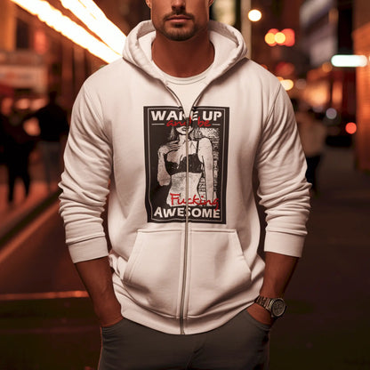 “Growth Mindset” phrase printed across front of white zip hoodie – Φράση “Growth Mindset” τυπωμένη μπροστά σε λευκή ζακέτα hoodie.