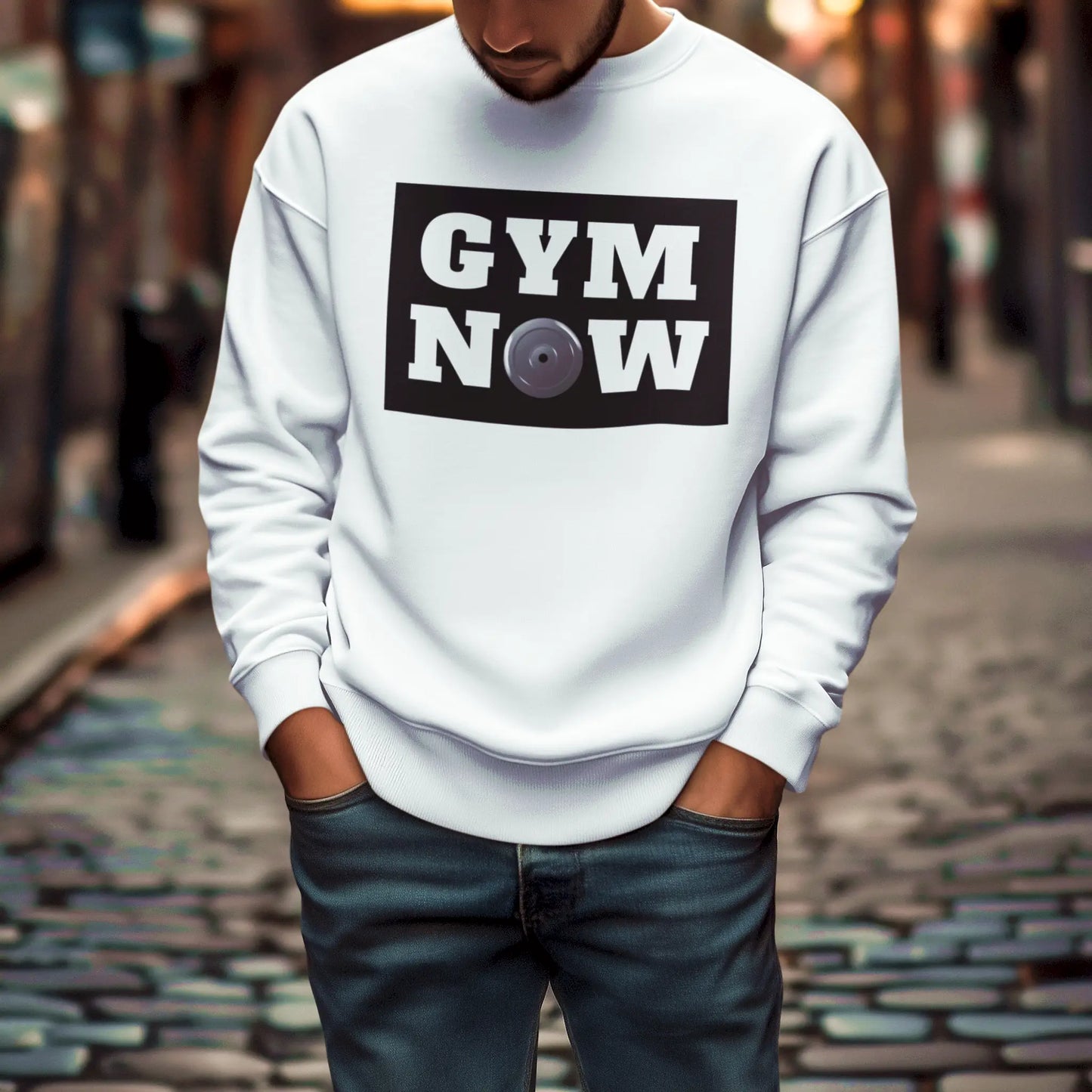 Gym Now design printed on a classic white crewneck sweatshirt with bold emblem contrast – Εκτύπωση Gym Now σε κλασική λευκή μπλούζα φούτερ με έντονη αντίθεση εμβλήματος