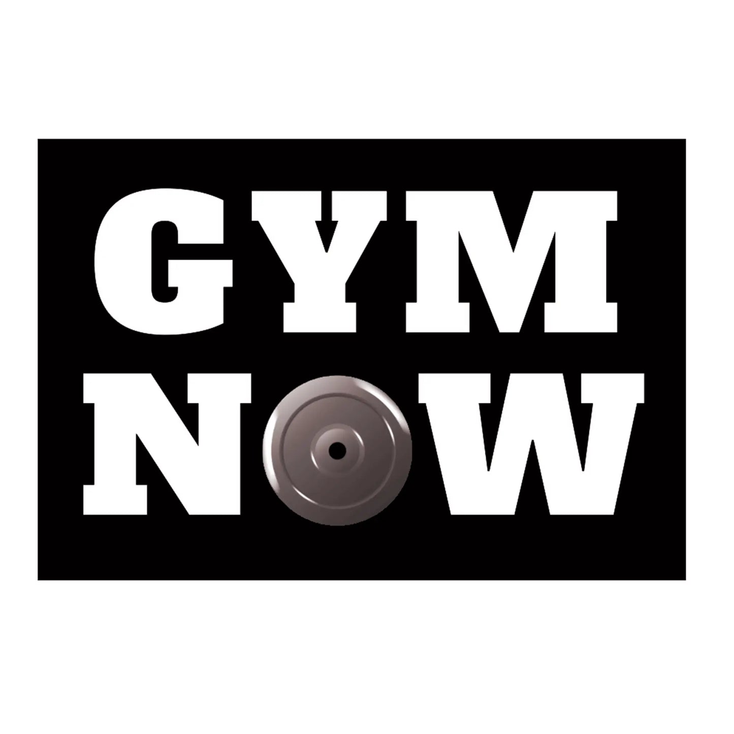 Gym Now logo with the letter O replaced by a circular black weight plate – Λογότυπο Gym Now με το γράμμα O αντικατεστημένο από κυκλικό μαύρο δίσκο βάρους