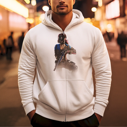 H1Z1 zombie design on a crisp white zip hoodie – συνδυάζει στυλ και άνεση
