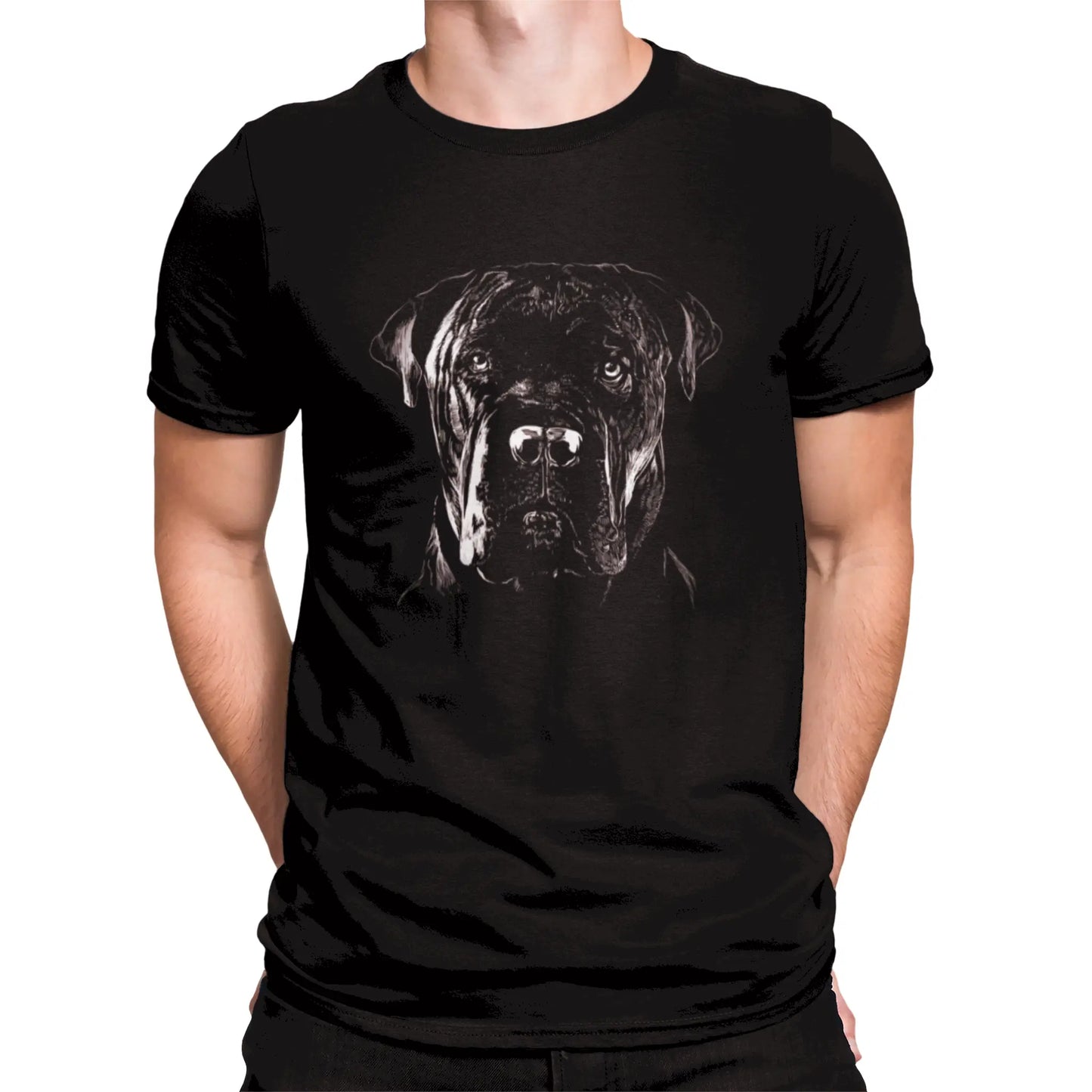 Hand-drawn muscular dog face printed in bright lines on black shirt — Χειροποίητο σχέδιο μυώδους σκύλου με λευκές γραμμές σε μαύρο μπλουζάκι.