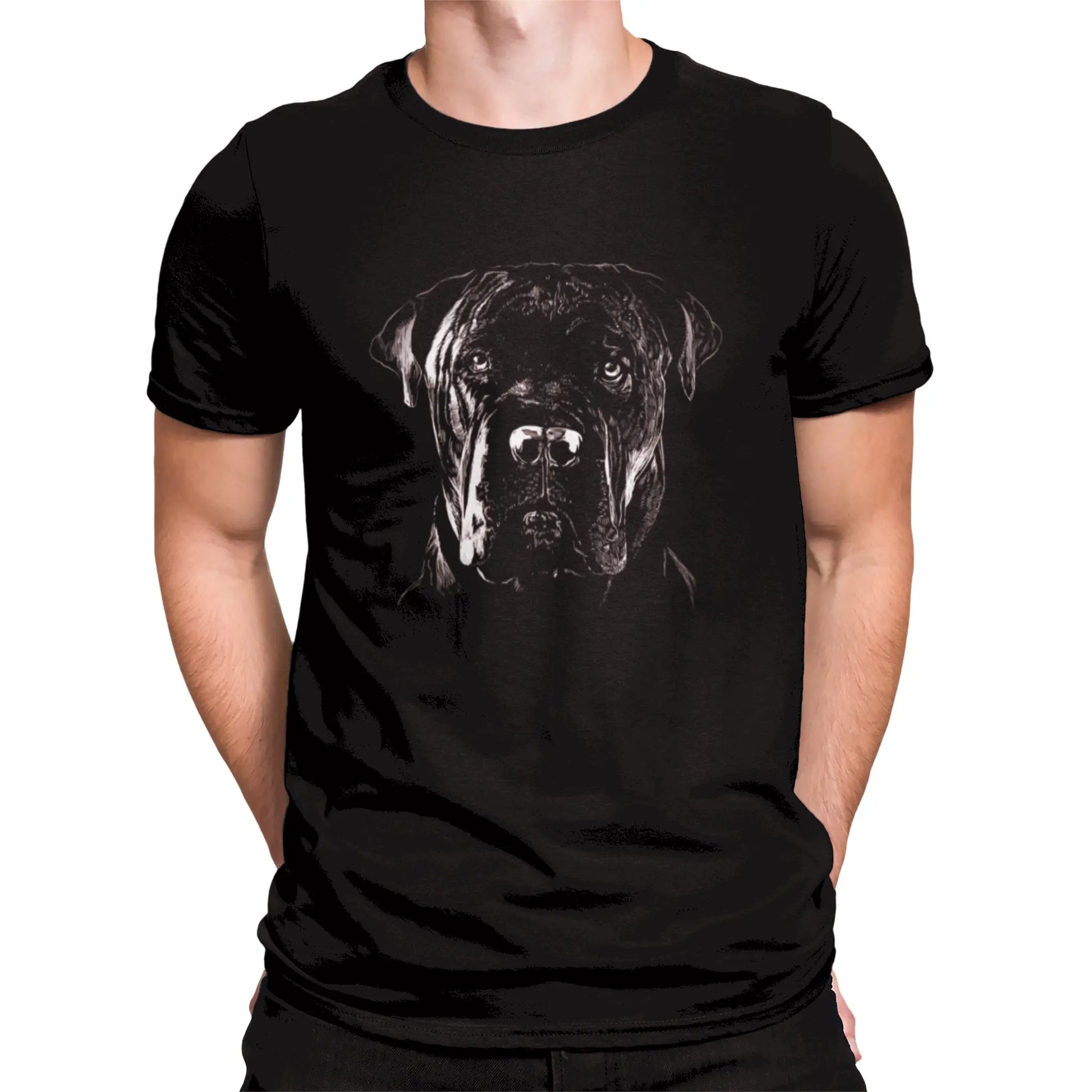 Hand-drawn muscular dog face printed in bright lines on black shirt — Χειροποίητο σχέδιο μυώδους σκύλου με λευκές γραμμές σε μαύρο μπλουζάκι.