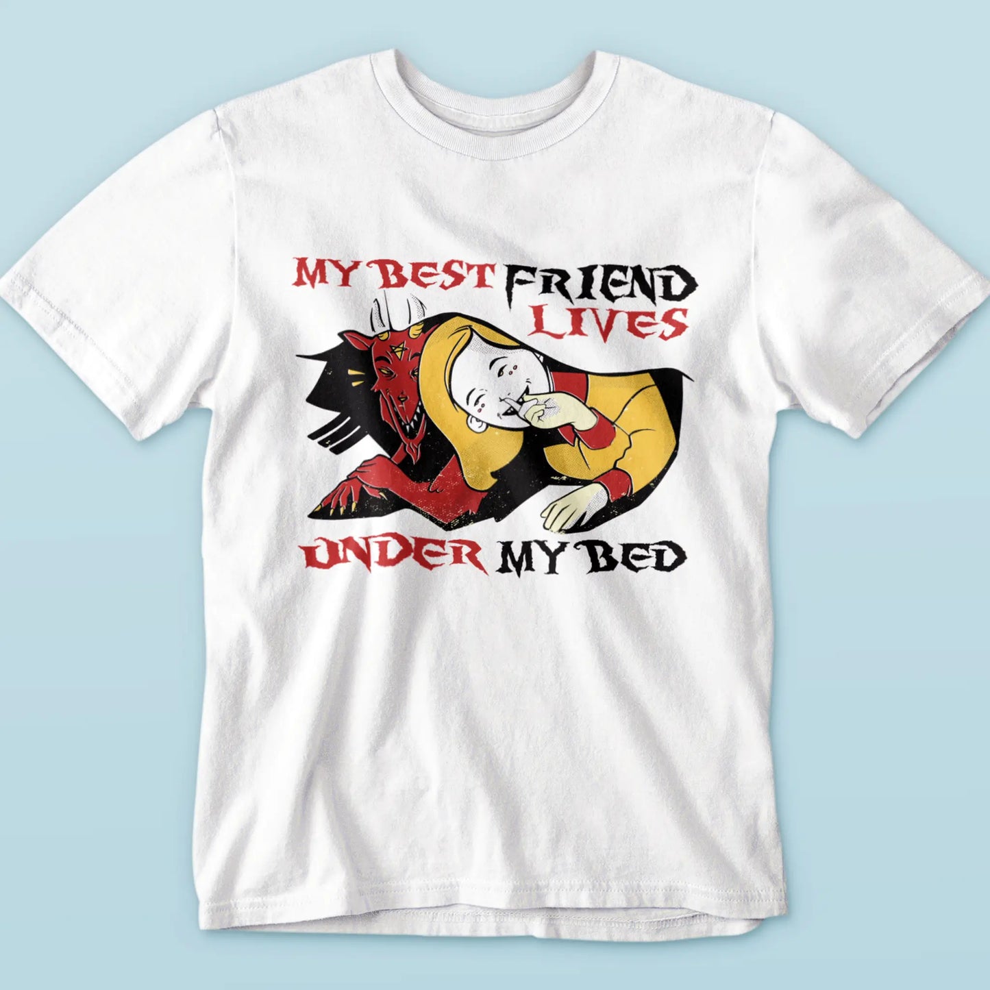 Heartwarming friendship illustration showing monster's tender protective gesture during bedtime on a white tee - Συγκινητική φιλία που δείχνει τρυφερή, αστεία και προστατευτική χειρονομία πάνω σε λευκό μπλουζάκι