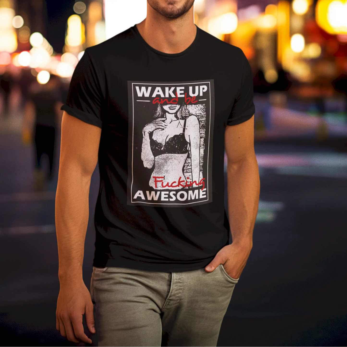 High-contrast inspirational phrase on black streetwear tee – Δήλωση έμπνευσης με υψηλή αντίθεση σε μαύρο t-shirt streetwear ύφους.
