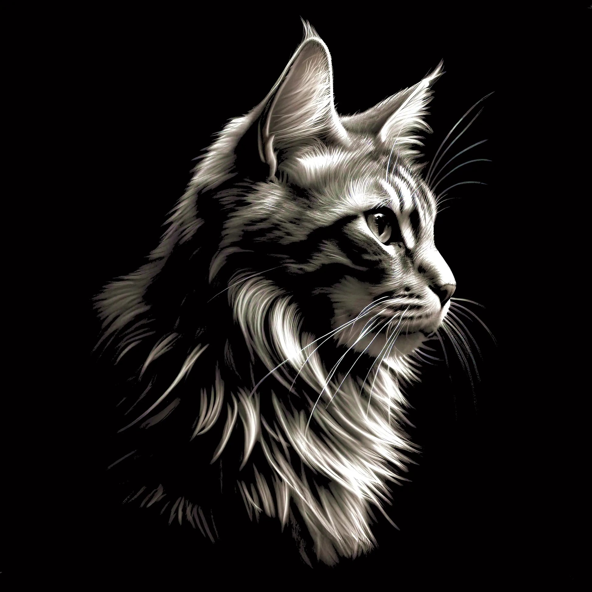 High-detail monochrome profile of a majestic cat – artistic and serene feline portrait in black and white – Καλλιτεχνικό πορτρέτο γάτας σε προφίλ με υψηλή λεπτομέρεια, σε ασπρόμαυρη αισθητική