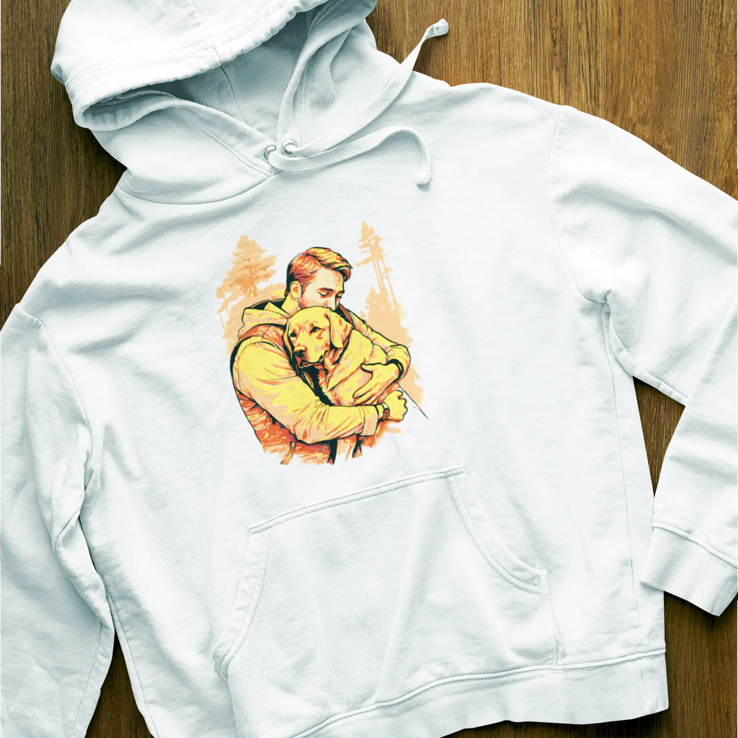 Hug-your-dog energy expressed vividly on white hoodie canvas -
Η ενέργεια του «αγκάλιασε τον σκύλο σου» εκφράζεται ζωντανά πάνω σε λευκό hoodie.