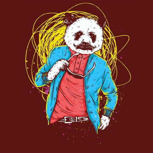 Illustrated panda wearing blue jacket and red polo, with mustache and sunglasses in hand, surrounded by abstract yellow lines – Εικονογραφημένος πάντα με μπλε σακάκι και κόκκινο πόλο, με μουστάκι και γυαλιά