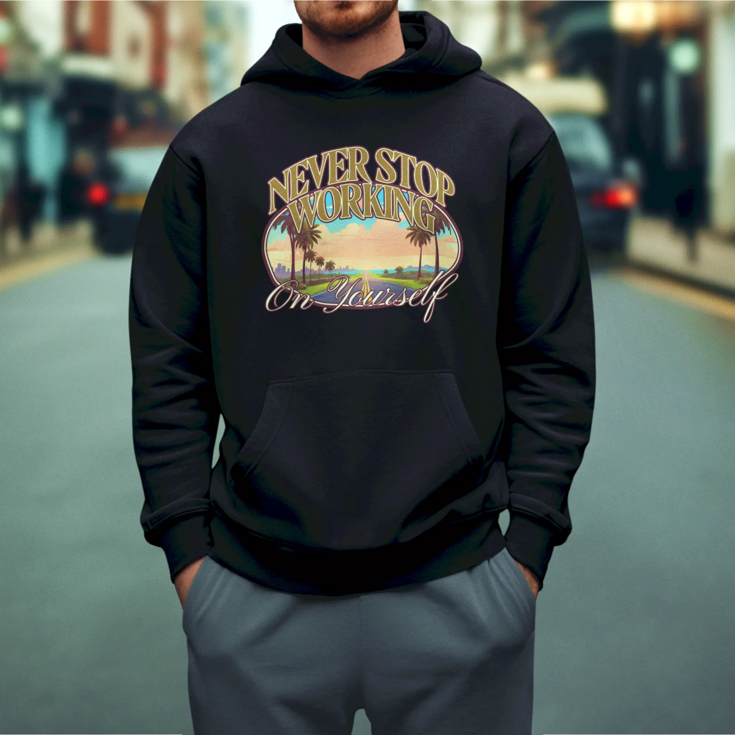 Inspirational quote and road design on black hoodie – Μαύρο hoodie με εμπνευστικό μήνυμα και δρόμο