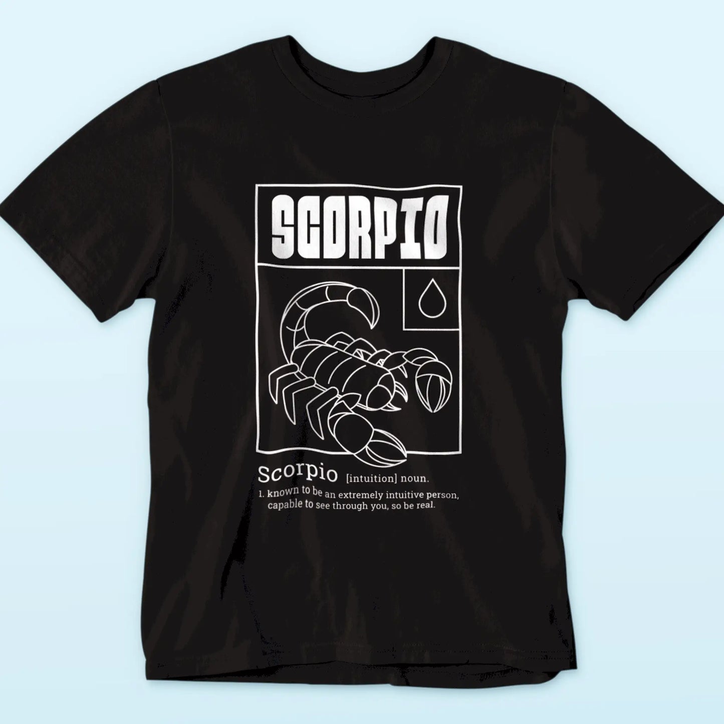 Intense black tshirt featuring scorpio zodiac symbol and penetrating intuition text - Δυναμικό κοντομάνικο μπλουζάκι με σύμβολο ζωδίου σκορπιού και κείμενο διαπεραστικής διορατικότητας