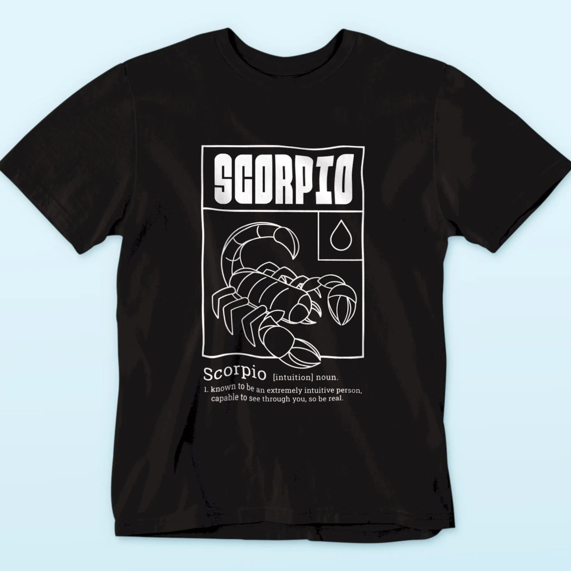 Intense black tshirt featuring scorpio zodiac symbol and penetrating intuition text - Δυναμικό κοντομάνικο μπλουζάκι με σύμβολο ζωδίου σκορπιού και κείμενο διαπεραστικής διορατικότητας