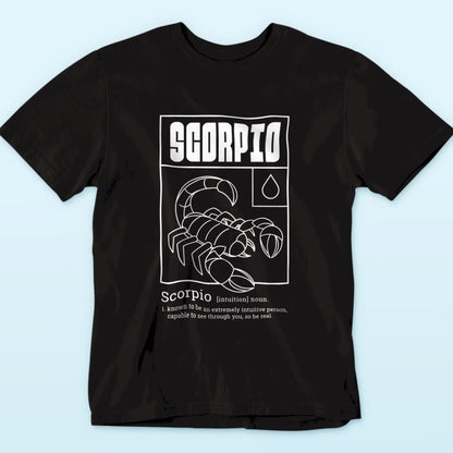Intense black tshirt featuring scorpio zodiac symbol and penetrating intuition text - Δυναμικό κοντομάνικο μπλουζάκι με σύμβολο ζωδίου σκορπιού και κείμενο διαπεραστικής διορατικότητας