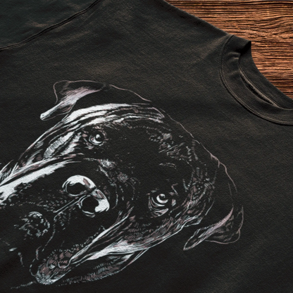 Intense expression of Cane Corso on dark t-shirt background — Έντονη έκφραση Cane Corso σε μαύρο χρώμα κοντομάνικο μπλουζάκι.