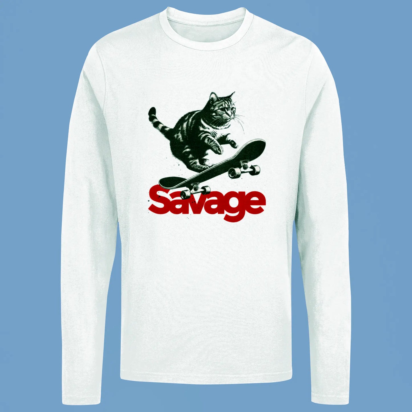 Intense savage cat sketch style on board – γάτα με κόμικ στυλ πάνω σε σκέιτ, printed σε λευκό μακρυμάνικο tshirt, playful & edgy