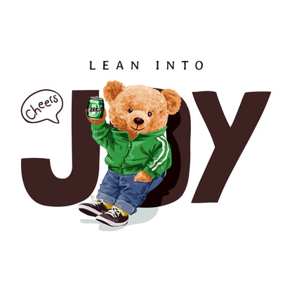 Joyful teddy bear in green hoodie holding a can and saying cheers – Χαρούμενος αρκούδος με πράσινη ζακέτα που σηκώνει κουτάκι μπύρας και λέει cheers