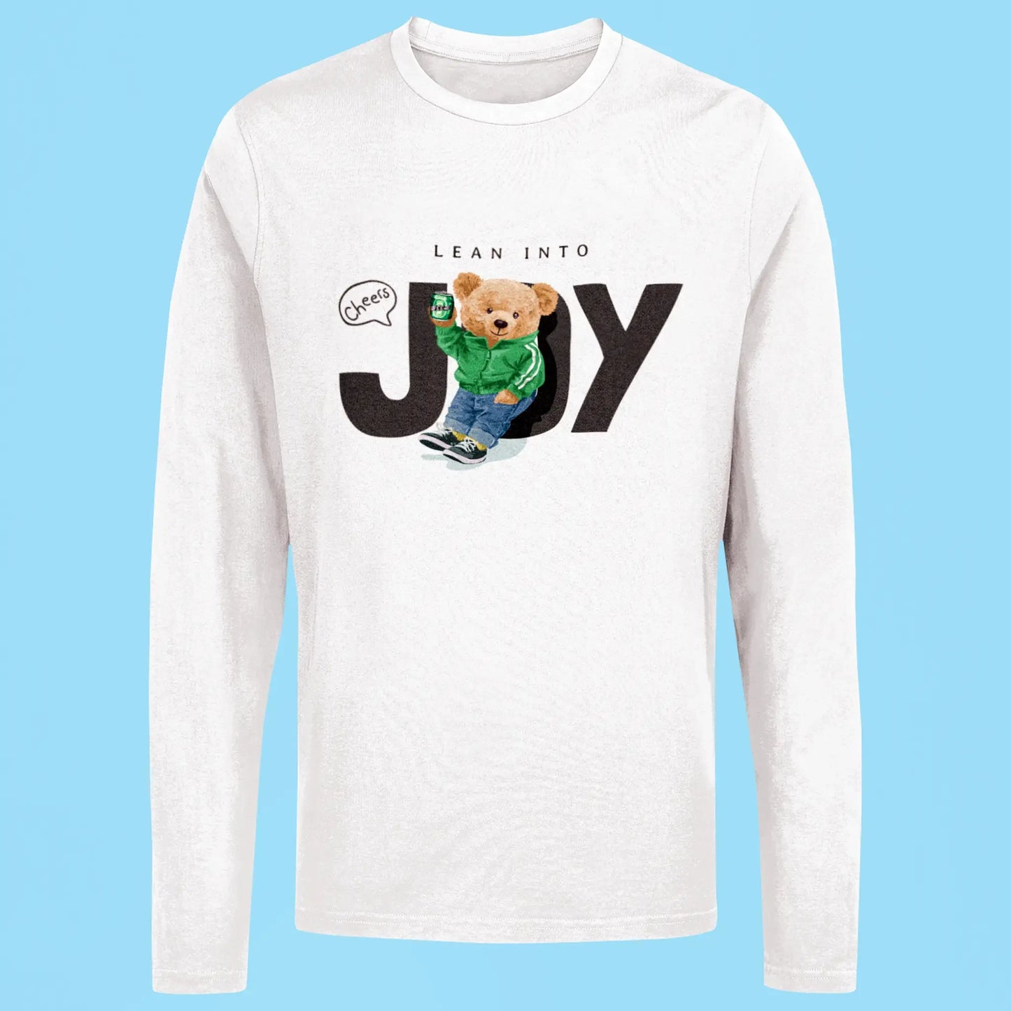Joyful teddy print on long sleeve white shirt – Χαρούμενο σχέδιο teddy σε λευκή μακρυμάνικη μπλούζα.