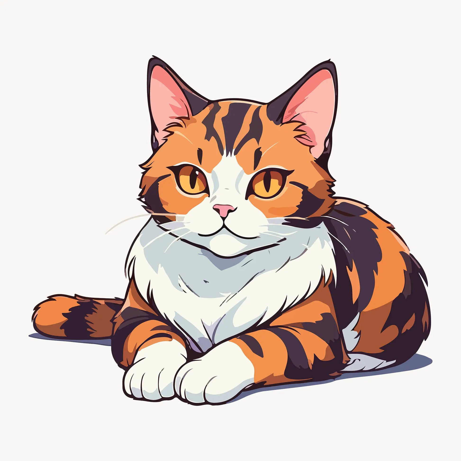 Kawaii calico cat with orange- brown-white fur sitting pose with golden eyes and pink nose design - σχέδιο με γάτα καλικό