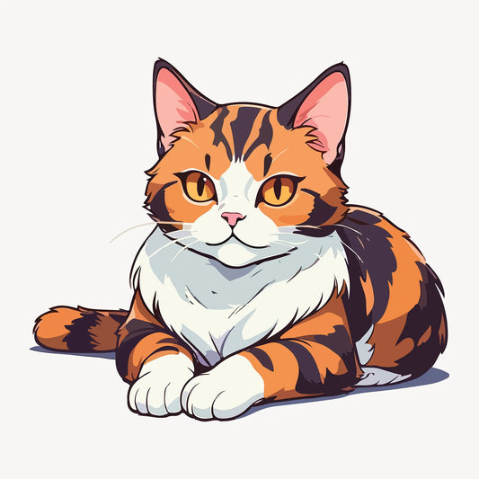 Kawaii calico cat with orange- brown-white fur sitting pose with golden eyes and pink nose design - σχέδιο με γάτα καλικό