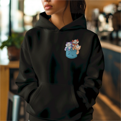 Kawaii cats pocket black hoodie adorable design cozy streetwear comfortable - Kawaii γάτες τσεπάκι σε μαύρο φούτερ με κουκούλα