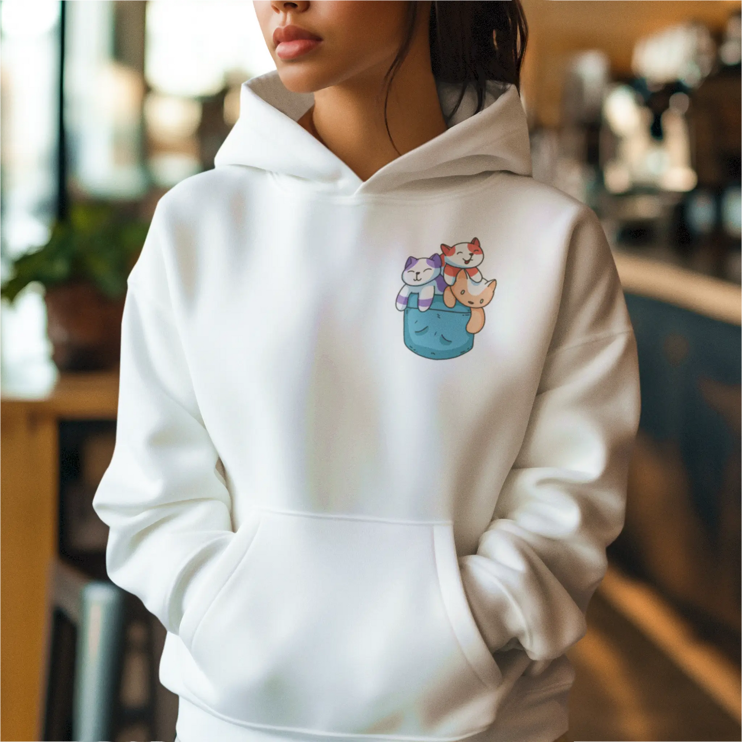 Kawaii kittens white hoodie playful design trendy casual wear comfortable cozy - Kawaii γατάκια σε λευκό φούτερ με κουκούλα και παιχνιδιάρικο σχέδιο