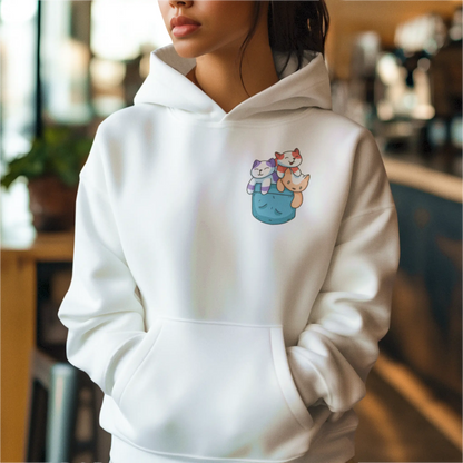 Kawaii kittens white hoodie playful design trendy casual wear comfortable cozy - Kawaii γατάκια σε λευκό φούτερ με κουκούλα και παιχνιδιάρικο σχέδιο