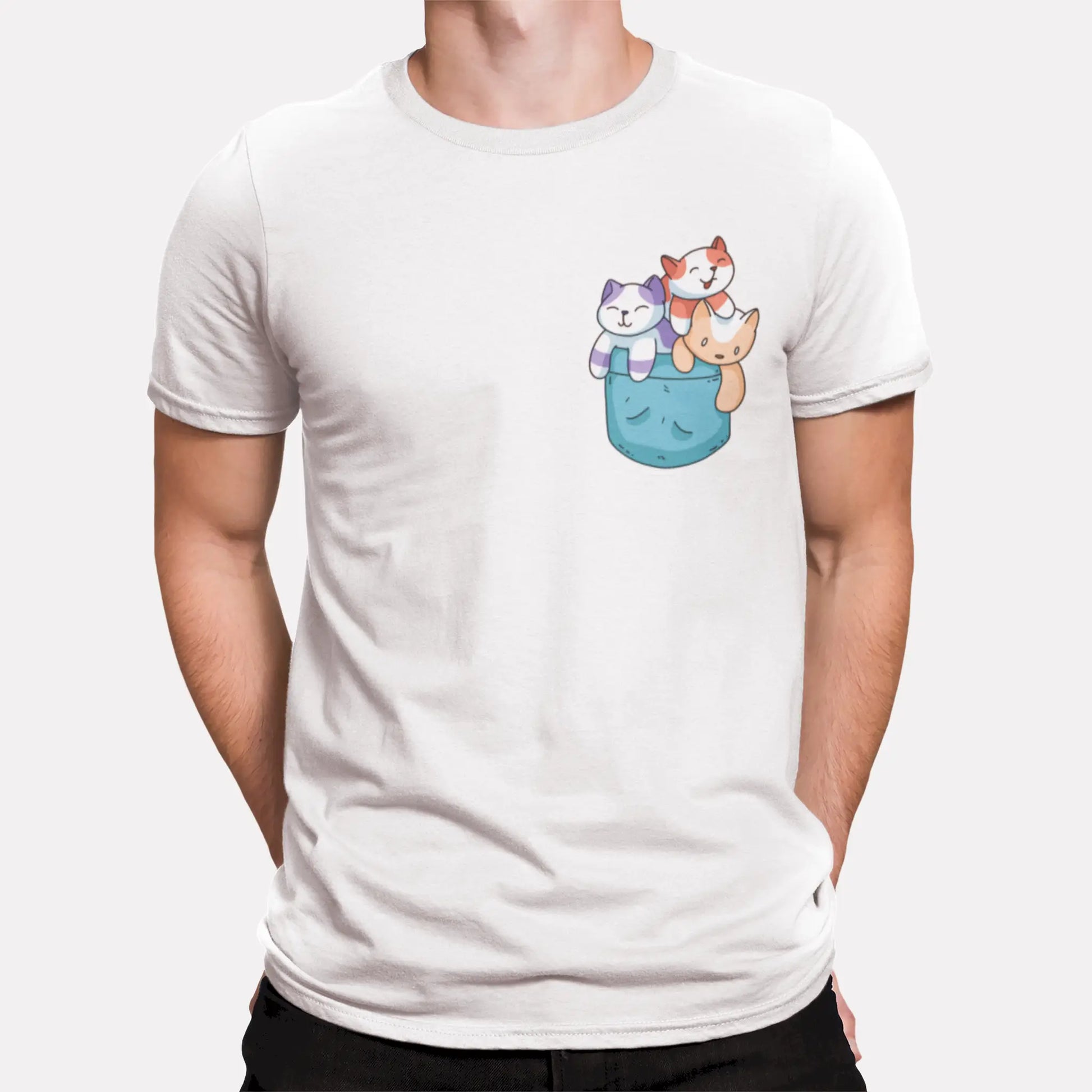 Kawaii pocket cats white t-shirt adorable trio design casual streetwear fashion - Kawaii τσεπάκι με αξιαγάπητο τρίο με γάτες σε λευκό t-shirt για casual streetwear μόδα