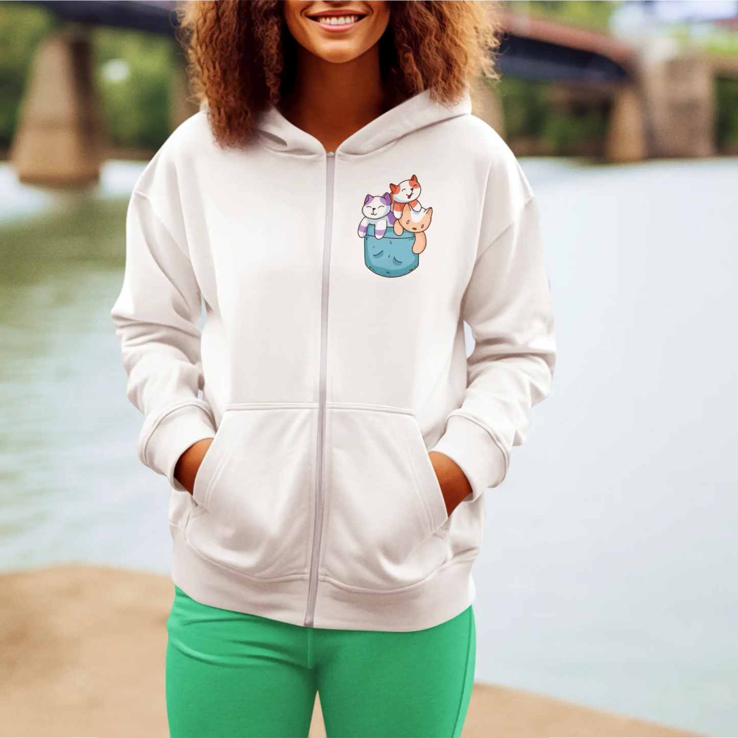 Kawaii pocket cats white zip hoodie cute design comfortable streetwear casual - Kawaii τσεπάκι με γάτες σε λευκή ζακέτα με κουκούλα και χαριτωμένο σχέδιο για άνετο streetwear