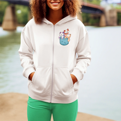 Kawaii pocket cats white zip hoodie cute design comfortable streetwear casual - Kawaii τσεπάκι με γάτες σε λευκή ζακέτα με κουκούλα και χαριτωμένο σχέδιο για άνετο streetwear