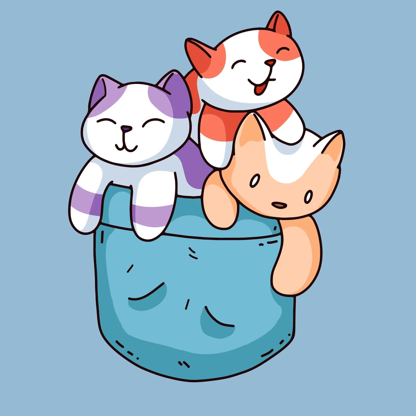 Kawaii three cats in turquoise pocket design adorable coral purple cream kittens cute aesthetic - Τρεις γάτες Kawaii μέσα σε τιρκουάζ τσεπάκι με χαριτωμένη αισθητική