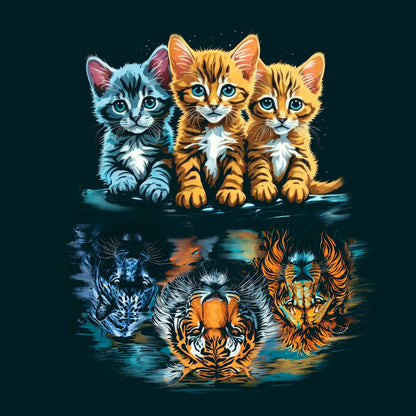 Kittens looking into water reflecting fierce big cats – Visual metaphor for hidden strength and transformation – Γατάκια που αντικατοπτρίζονται σε λιοντάρι, τίγρη και λεοπάρδαλη με συμβολικό μήνυμα δύναμης