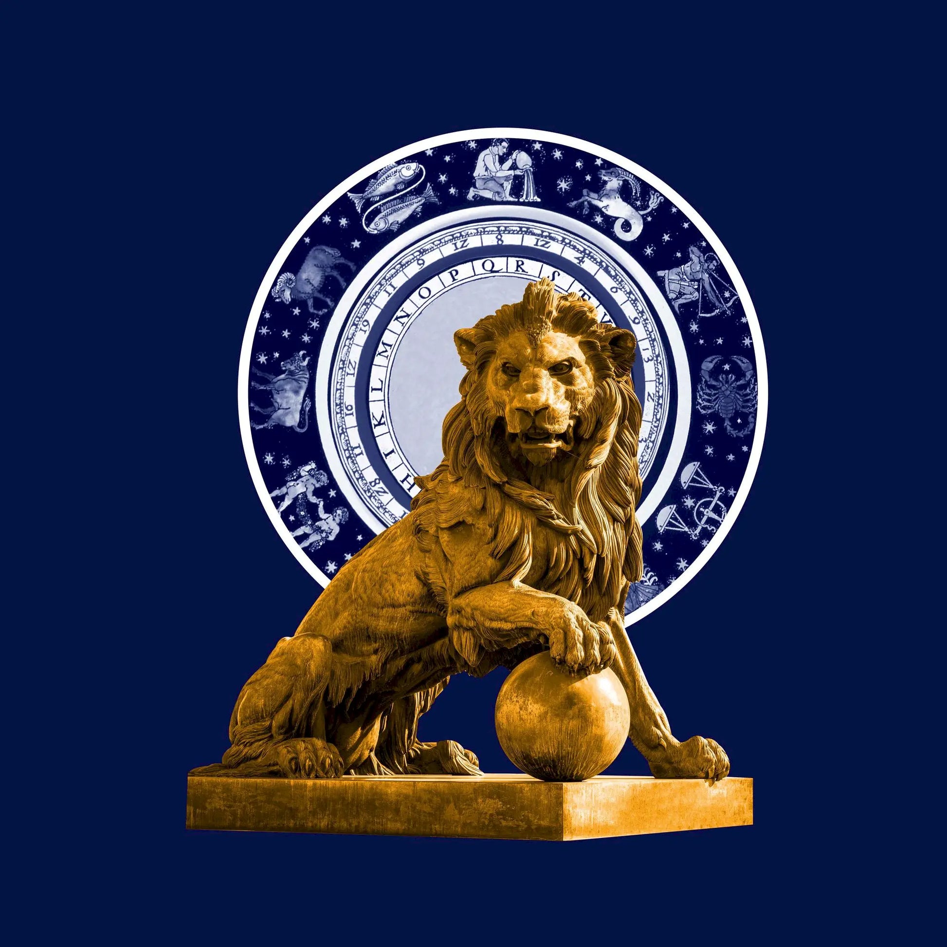 Leo zodiac design with golden lion statue and astrology circle – Σχέδιο Λέων με χρυσό λιοντάρι και ζωδιακό κύκλο."