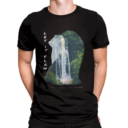 Let it Flow motivational cascade on black t-shirt – Εμπνευστικό σχέδιο καταρράκτη 'Let it Flow' σε μαύρο μπλουζάκι