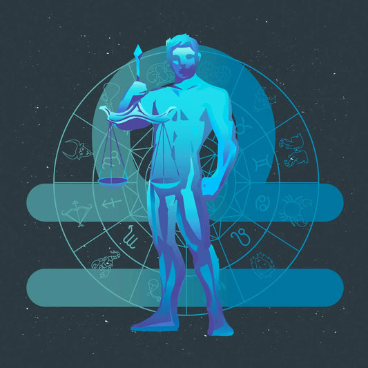 Libra zodiac illustration featuring a stylized balance scale and its astrological emblem – Απεικόνιση του ζωδιακού Ζυγού με μια στυλιζαρισμένη ζυγαριά και το αστρολογικό του σύμβολο.