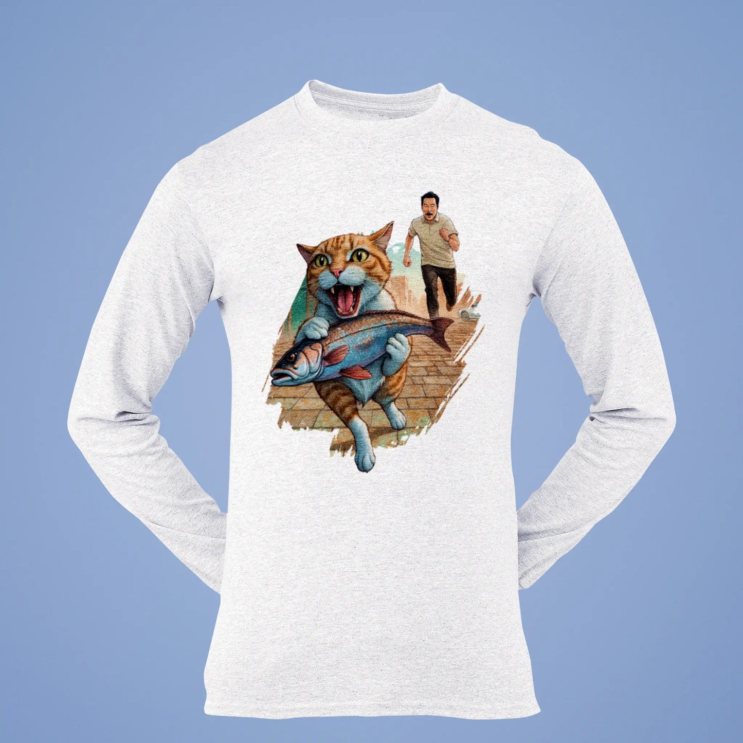 Long sleeve black shirt featuring hilarious cat fish theft comic scene - μακρυμάνικο μαύρο με ξεκαρδιστική κωμική σκηνή κλοπής ψαριού