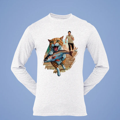 Long sleeve black shirt featuring hilarious cat fish theft comic scene - μακρυμάνικο μαύρο με ξεκαρδιστική κωμική σκηνή κλοπής ψαριού