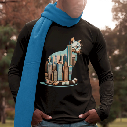 Long sleeve black shirt with artistic cat skyline – Μαύρο μακρυμάνικο με design πόλης μέσα σε σιλουέτα γάτας