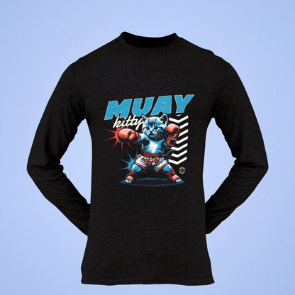 Long sleeve black tee with Muay Thai cat – Μαύρο μακρυμάνικο με γάτα πυγμάχο σε ρετρό design